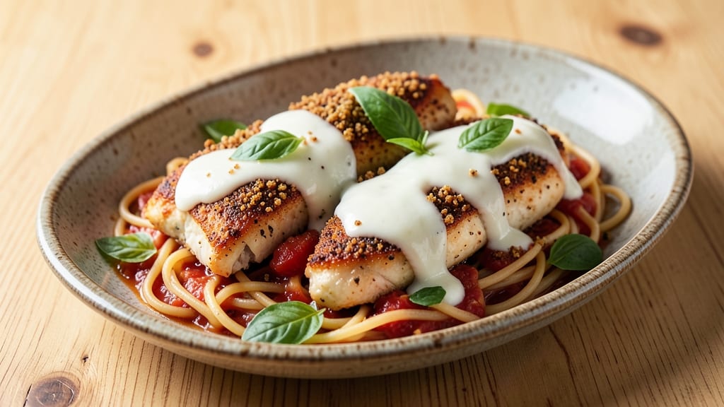 Baked Chicken Parmesan Spaghetti Recipe: Crispy Breaded Chicken Over Al Dente Noodles