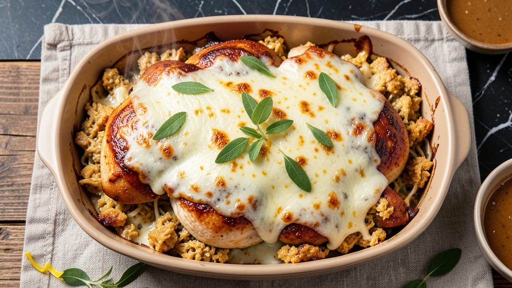 Baked Chicken and Dressing Casserole Recipe: Golden Crust, Pull-Apart Cheese Rivers