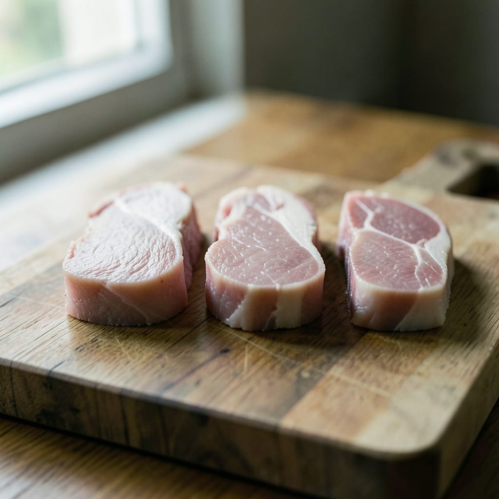 Three chops of different thickness, ready to be tested