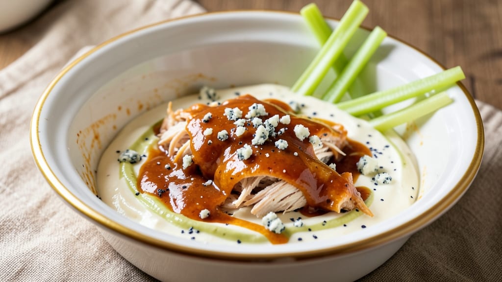 Buffalo Chicken Dip Recipe Slow Cooker Raw Chicken: Slow-Cooked Raw Chicken Shreds in Creamy Heat